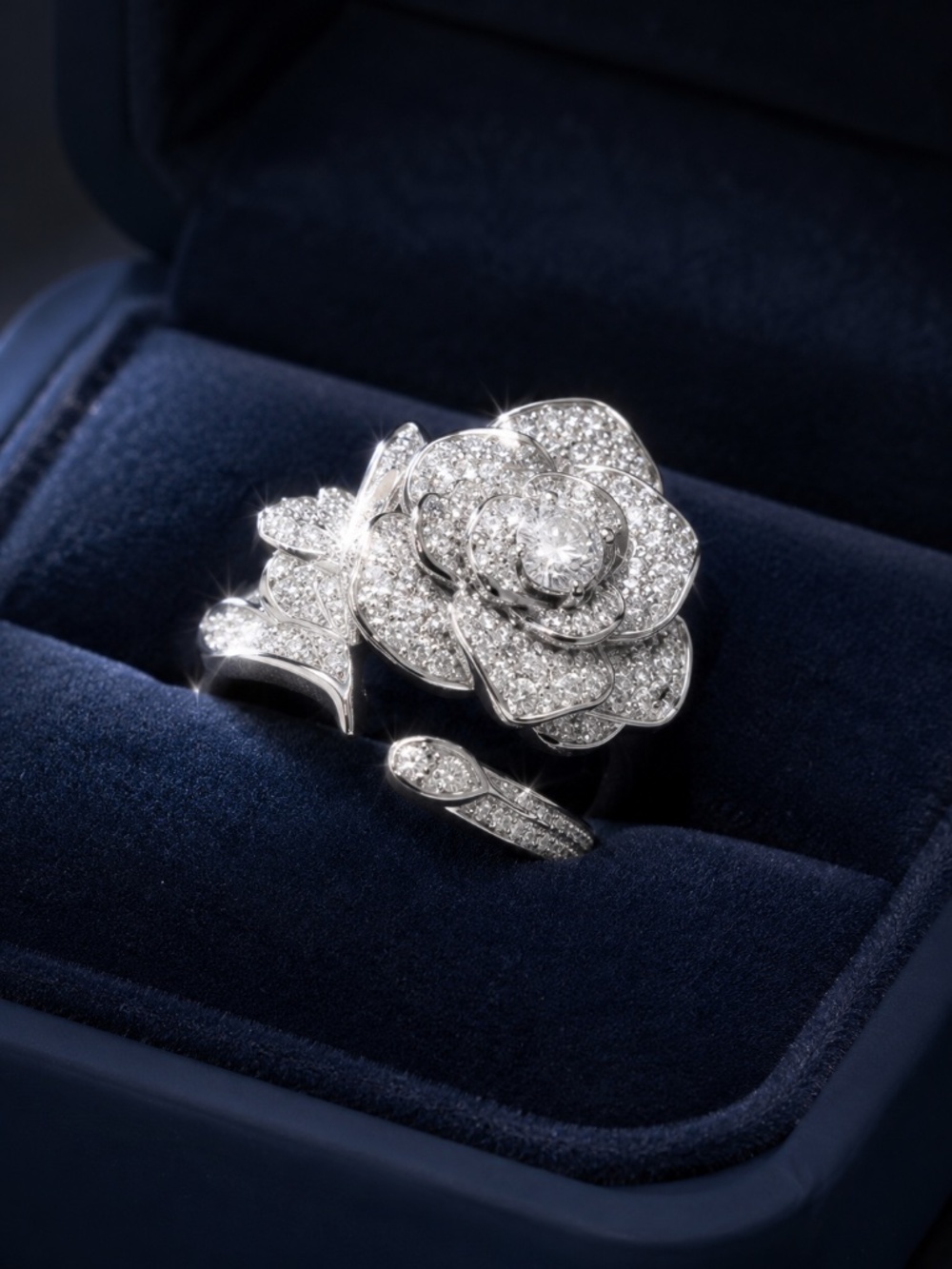 Silver Crystal Rose Statement Ring | Luxe Floral Cocktail Ring | Sparkling Rhine - Picture 5 of 7